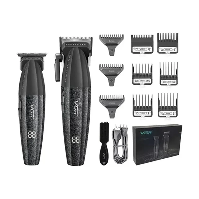 اقلام درون جعبه ست حرفه‌ای ماشین اصلاح و خط زن وی جی آر مدل V-640