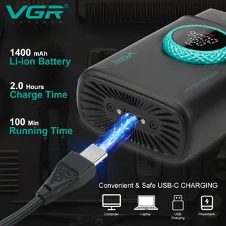 باتری و شارژر ماشین اصلاح صفرزن وی جی آر مدل VGR V-377 با تیغه فویلی دوگانه و بدنه فلزی